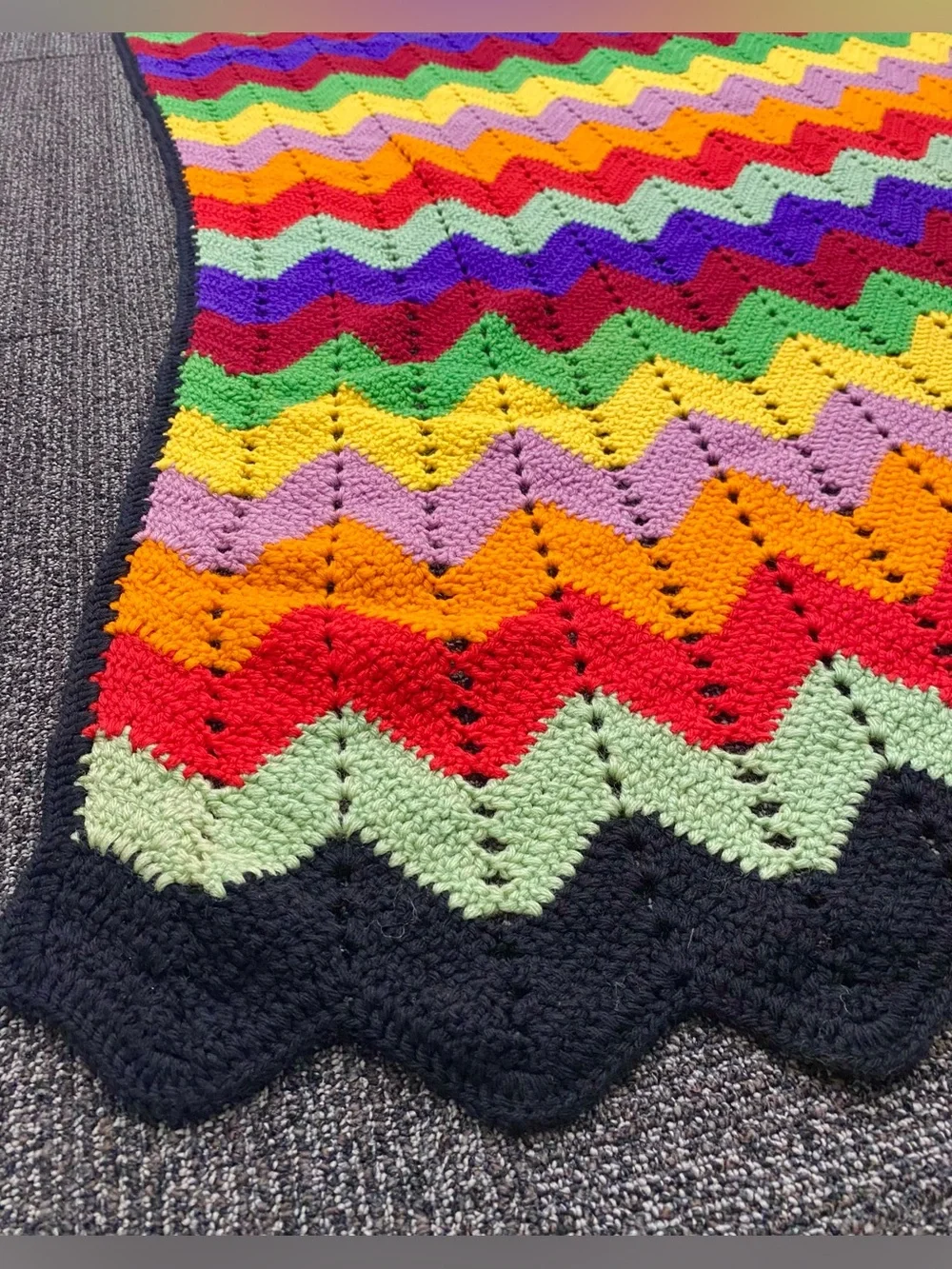 Vintage Crochet Blanket Handmade Chevron Stripe Knit Rainbow Pattern 87 x 45
